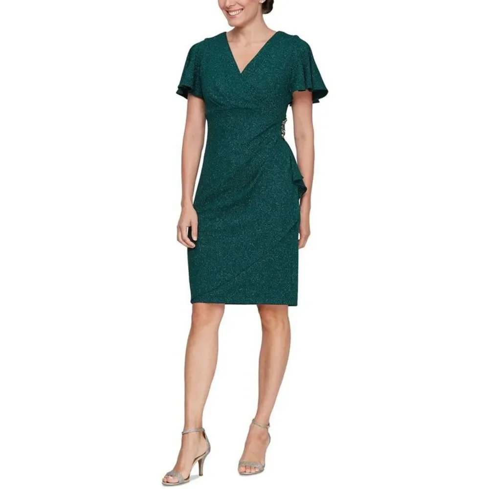 SLNY Womens Green Metallic Ruffled Knee-Length Cocktail and Party Dress NWT
